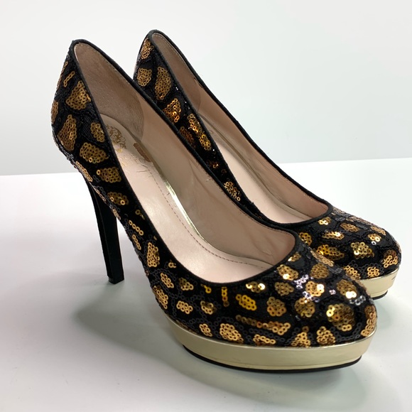 Vince Camuto Heels Gold Black Sequin Semi Platform - Picture 3 of 7